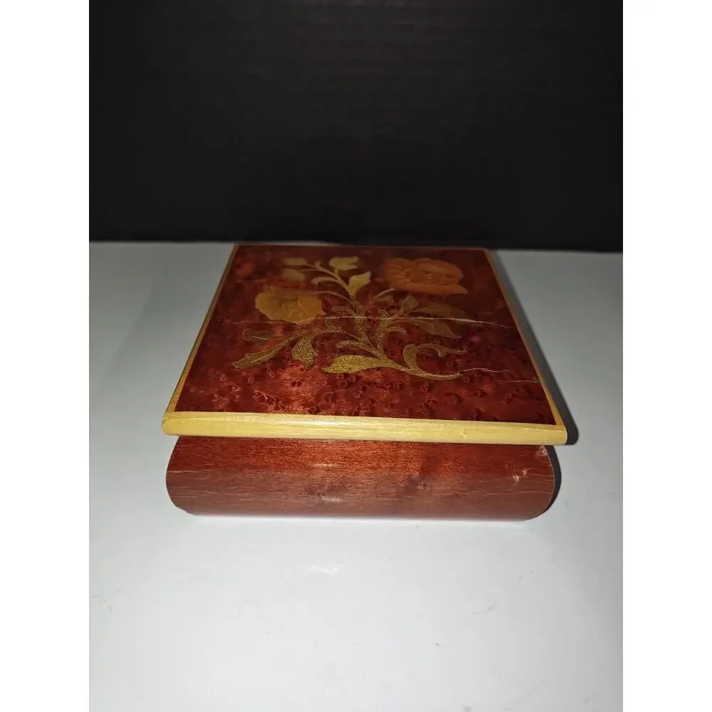 Vintage Wooden Floral Botanical Inlay Design Jewelry Trinket Box Decorative Deco